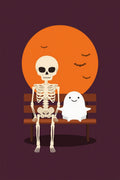 Ilustración de referencia generada con IA del pack Halloween: esqueleto articulado y fantasma sentados en un banco bajo una luna naranja