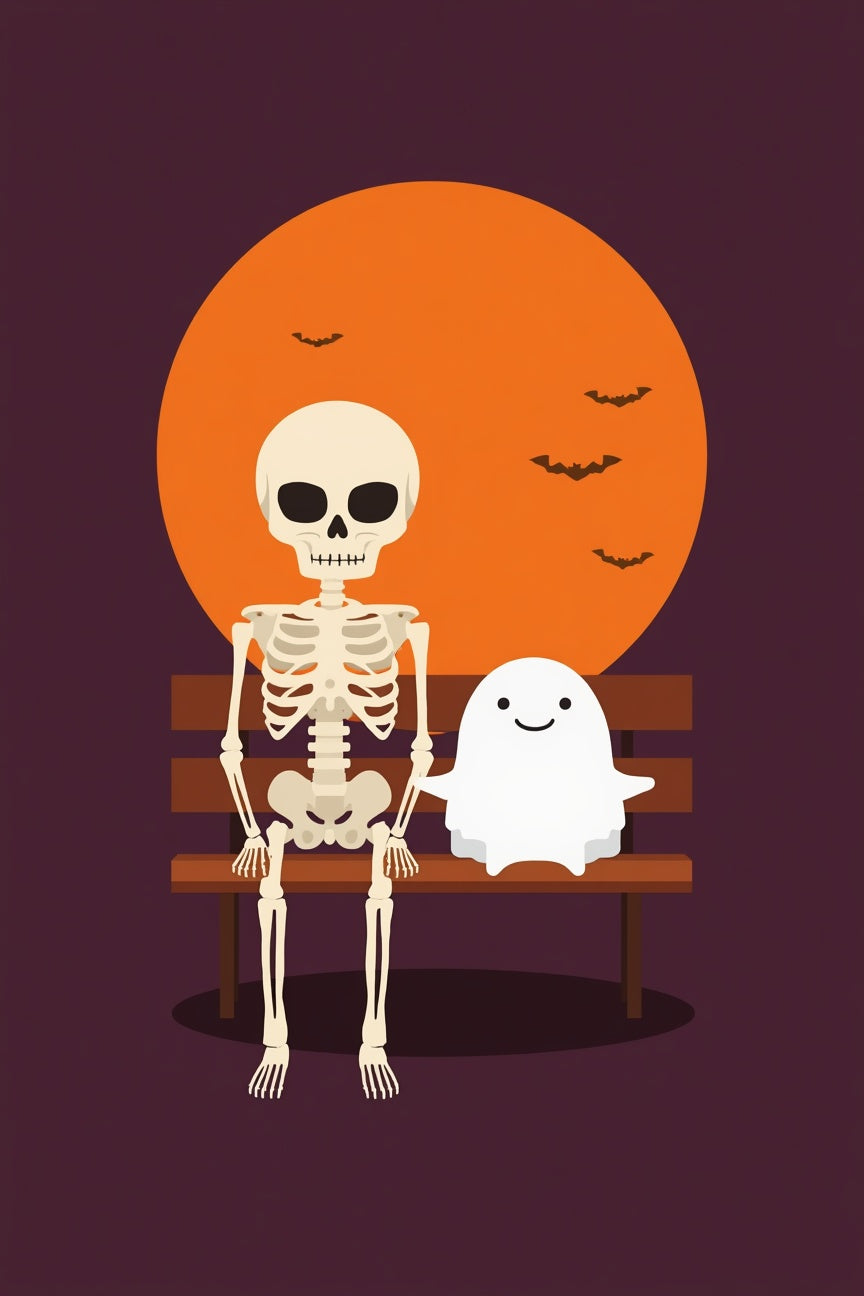 Ilustración de referencia generada con IA del pack Halloween: esqueleto articulado y fantasma sentados en un banco bajo una luna naranja