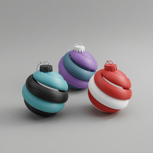 Tres bolas de Navidad de espiral entrelazada impresas en 3D en PLA de dos colores. Imagen ilustrativa generada con IA; la pieza real impresa puede variar ligeramente.