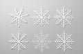 Seis copos de nieve blancos impresos en 3D en PLA para colgar del árbol. Imagen ilustrativa generada con IA; la pieza real impresa puede variar ligeramente.
