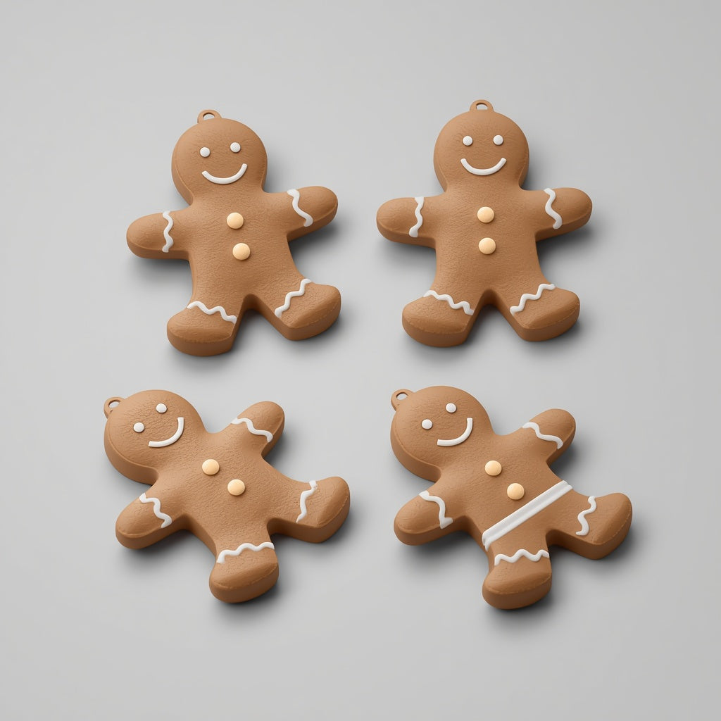Pack de cuatro galletas de jengibre articuladas impresas en 3D en PLA marrón con detalles blancos. Imagen ilustrativa generada con IA; la pieza real impresa puede variar ligeramente.