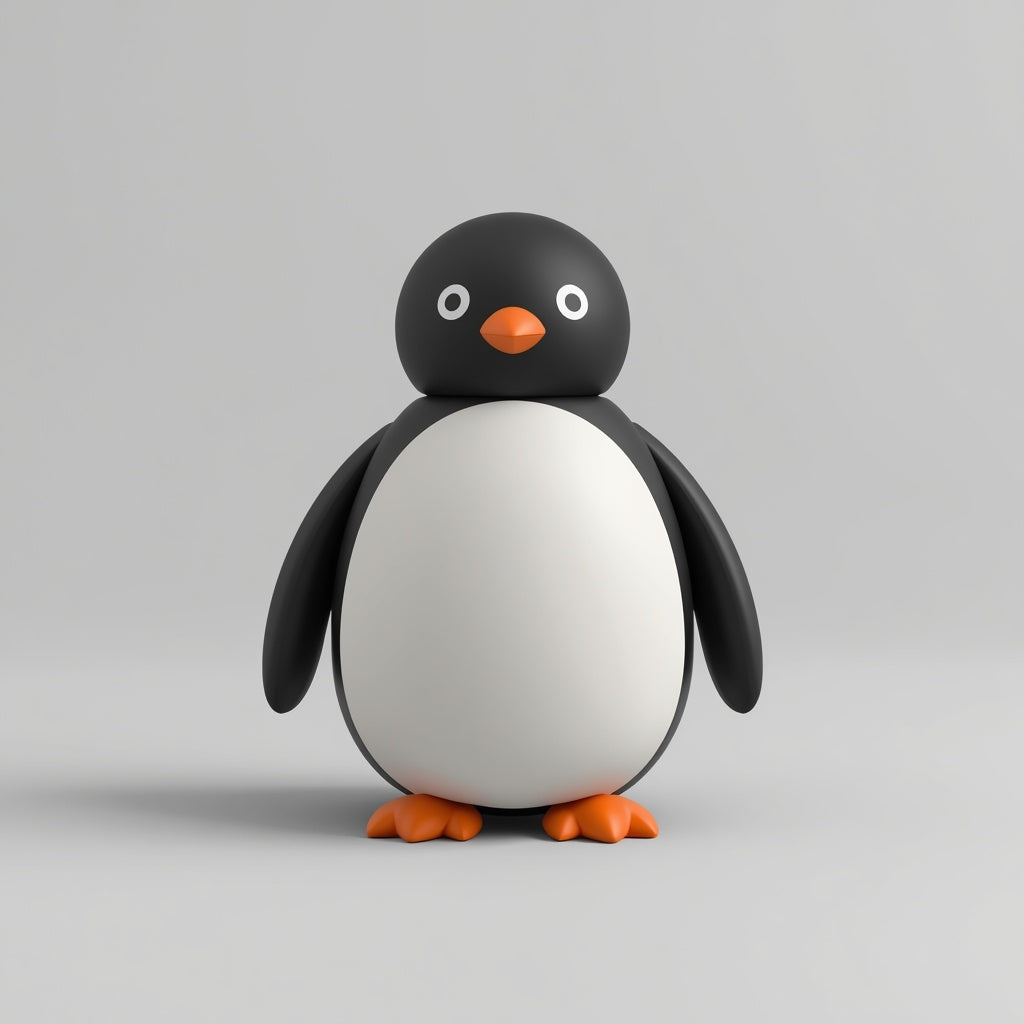 Pingüino articulado impreso en 3D en PLA negro, blanco y naranja. Imagen ilustrativa generada con IA; la pieza real impresa puede variar ligeramente.