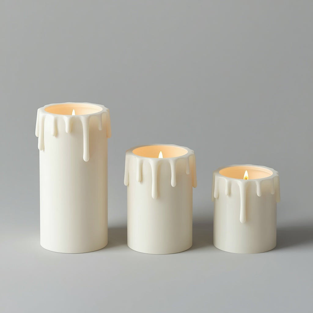 Tres portavelas con forma de vela derretida impresos en 3D en PLA blanco, con velas LED. Imagen ilustrativa generada con IA; la pieza real impresa puede variar ligeramente.