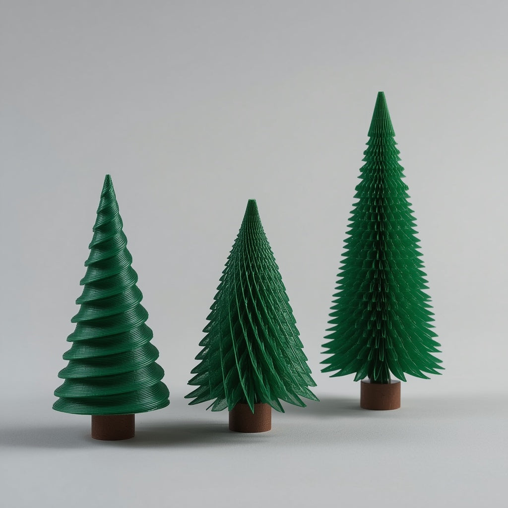 Set de tres árboles de Navidad decorativos impresos en 3D en PLA verde. Imagen ilustrativa generada con IA; la pieza real impresa puede variar ligeramente.